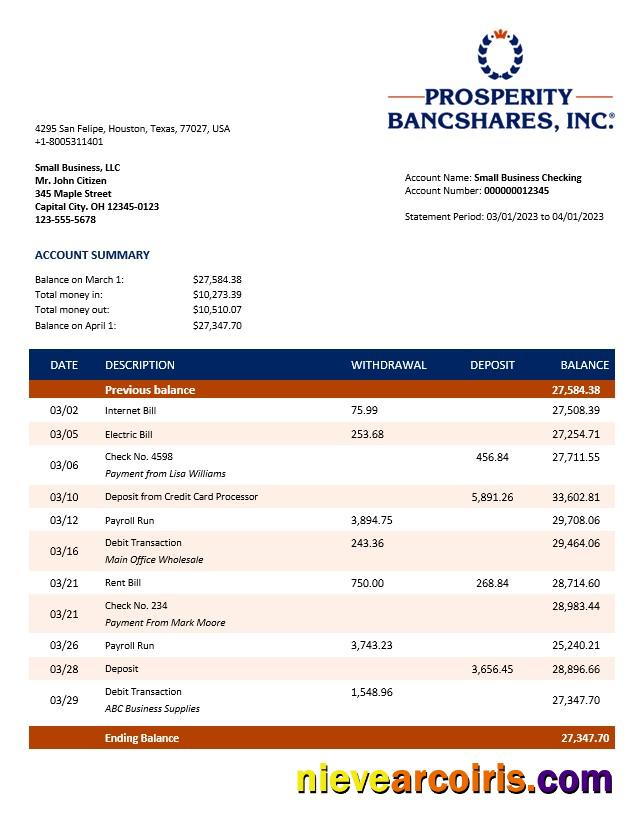 Prosperity Bancshares Inc company checking account statement